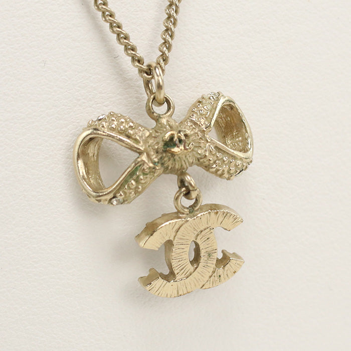 CHANEL Rhinestone Necklace COCO Mark Ribbon metal gold Women