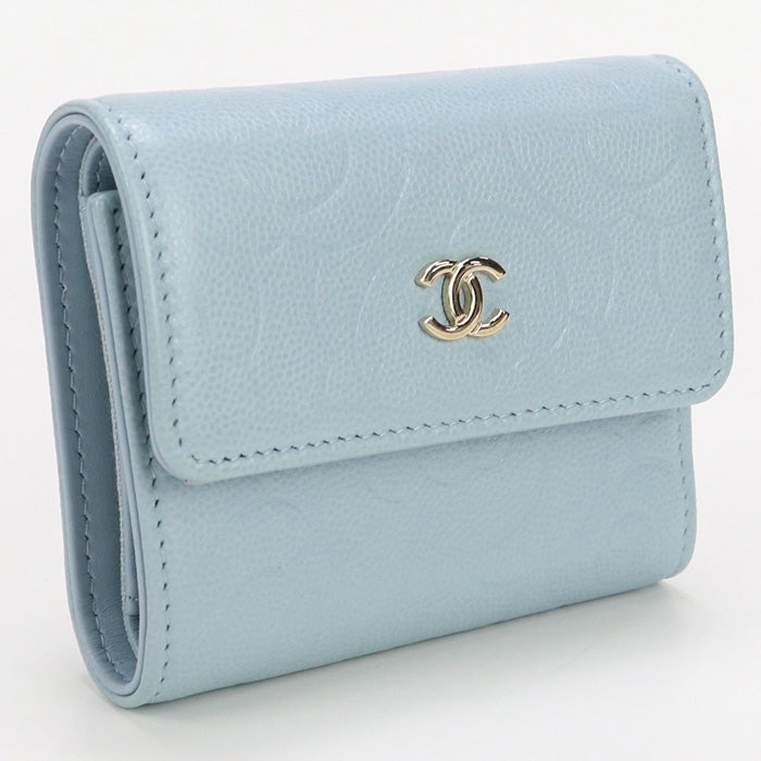 CHANEL 31962291 Tri-fold wallet Camelia flap wallet leather Light Blue Women