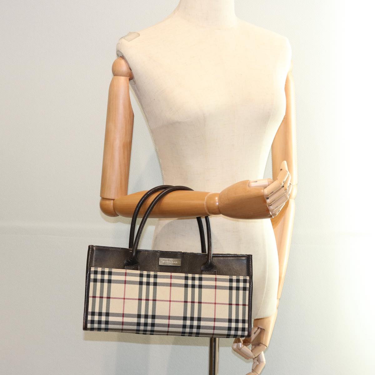 Burberry Nova Check Hand Bag Nylon Beige Dark Brown Auth uy141