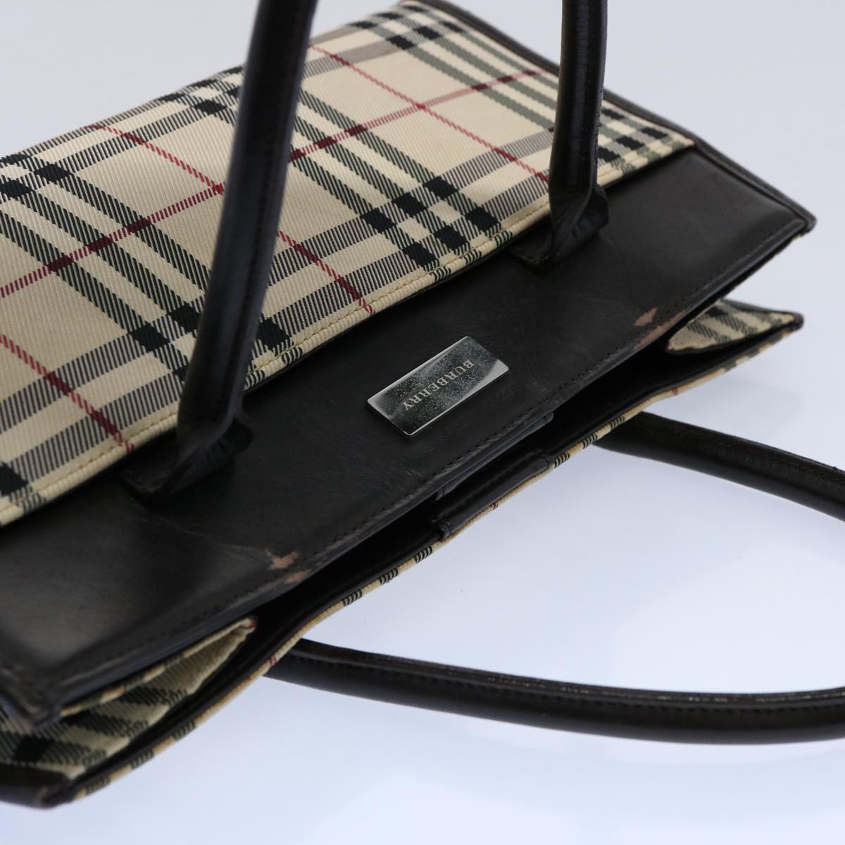 Burberry Nova Check Hand Bag Nylon Beige Dark Brown Auth uy141