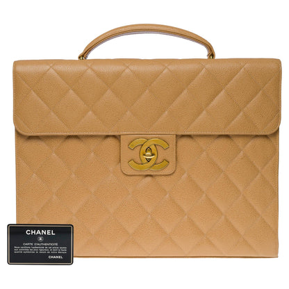 CHANEL Amazing vintage Briefcase in beige caviar leather, GHW