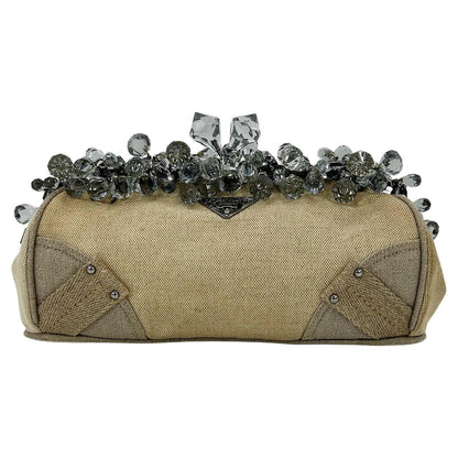 PRADA Mistolino Natural Canvas Crystal Beaded Top Pochette