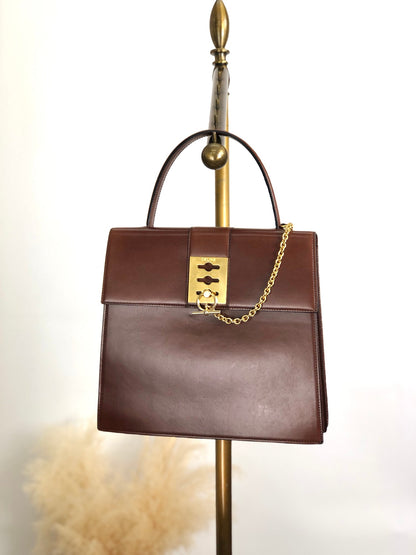 CELINE Gancini Chain Handbag Brown Vintage 7ffusp