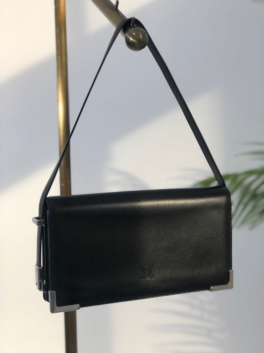 CELINE  Metal Corner Leather Handbag Black Vintage zepdjs