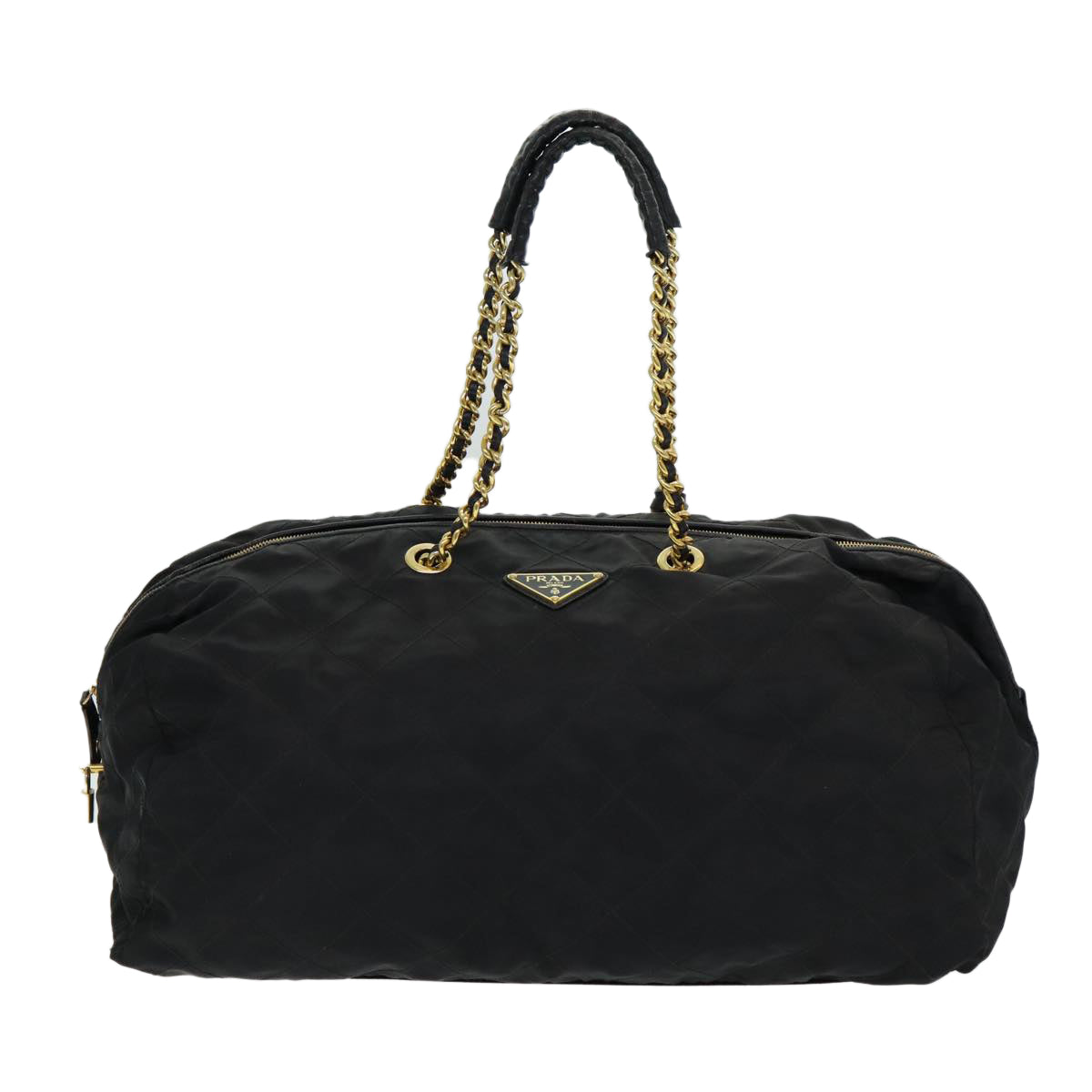 PRADA Quilted Chain Boston Bag Nylon Black Auth yb650