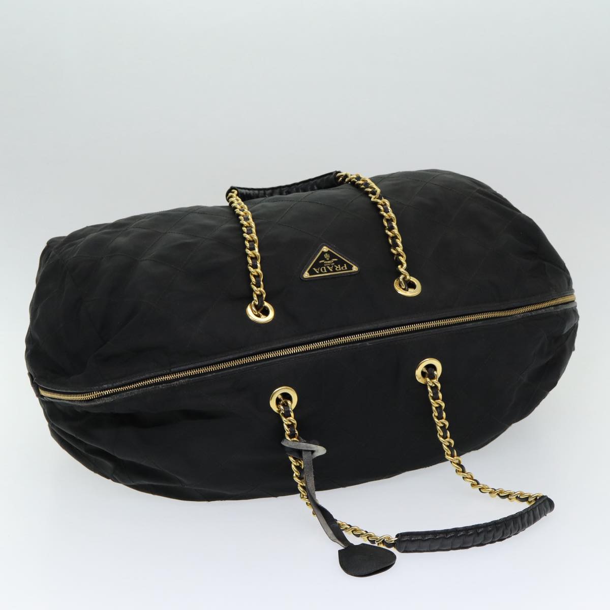 PRADA Quilted Chain Boston Bag Nylon Black Auth yb650