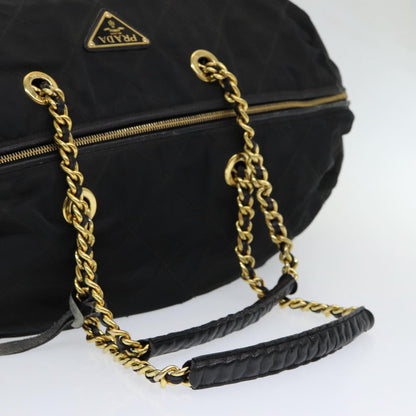 PRADA Quilted Chain Boston Bag Nylon Black Auth yb650