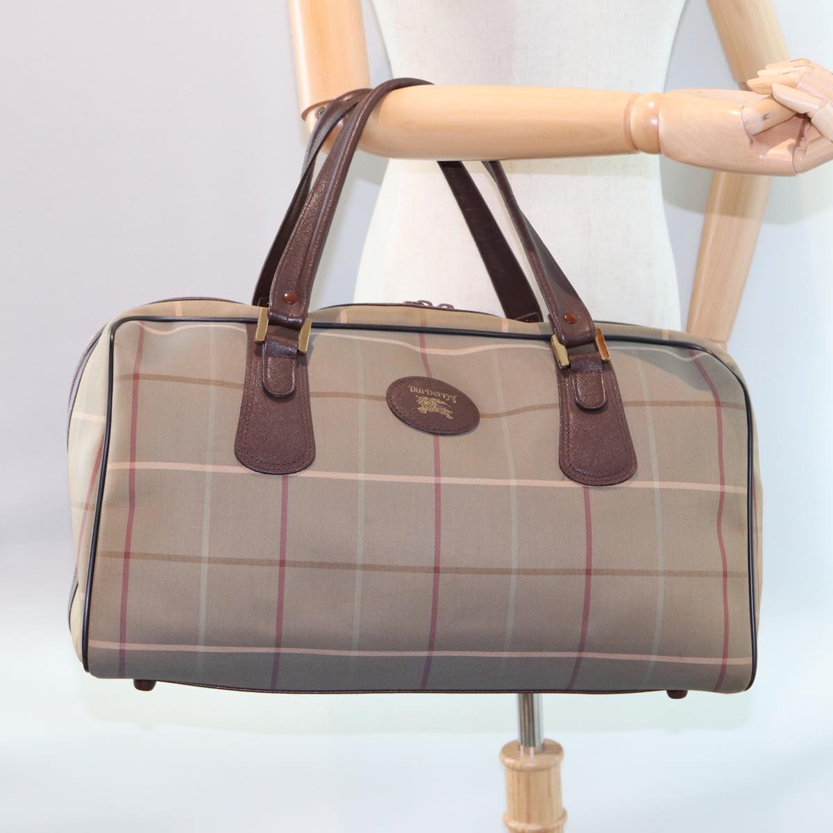 BURBERRYSs Nova Check Boston Bag Canvas Beige Auth yk12869