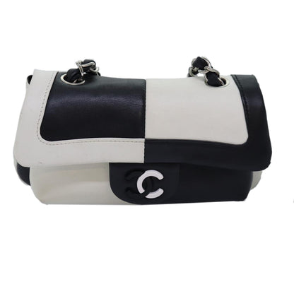 Chanel COCO Mark Chain Shoulder Bag Lamb Skin Black White CC Auth ykA