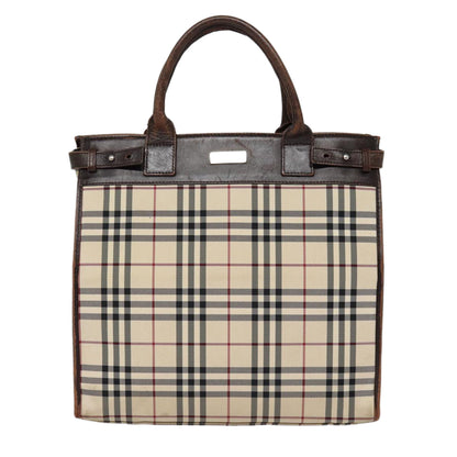 BURBERRY Nova Check Hand Bag Canvas Beige Silver Auth yk14284