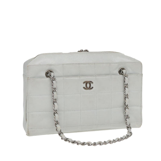 Chanel Choco Bar Chain Hand Bag Leather White Silver CC Auth yk