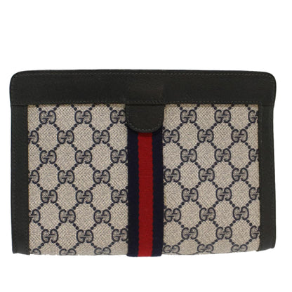 GUCCI GG Canvas Sherry Line Clutch Bag Gray Red Navy 89.01.001  yk7814