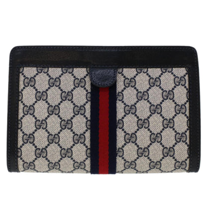 GUCCI GG Canvas Sherry Line Clutch Bag PVC Leather Navy Red  yk7884
