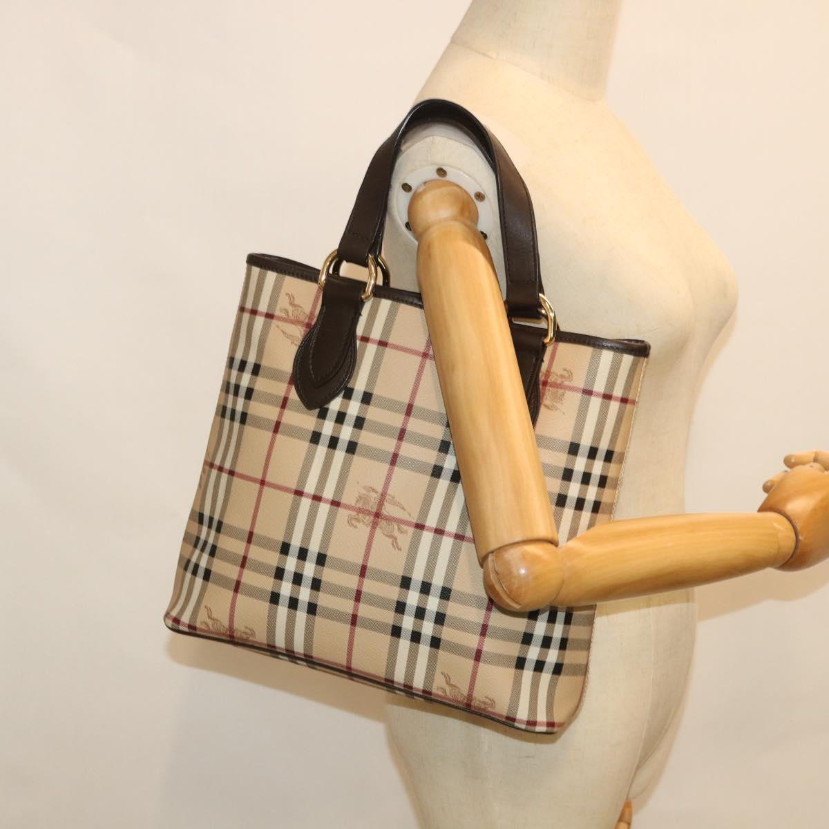 Burberry Nova Check Hand Bag PVC Leather Beige Auth yk8975