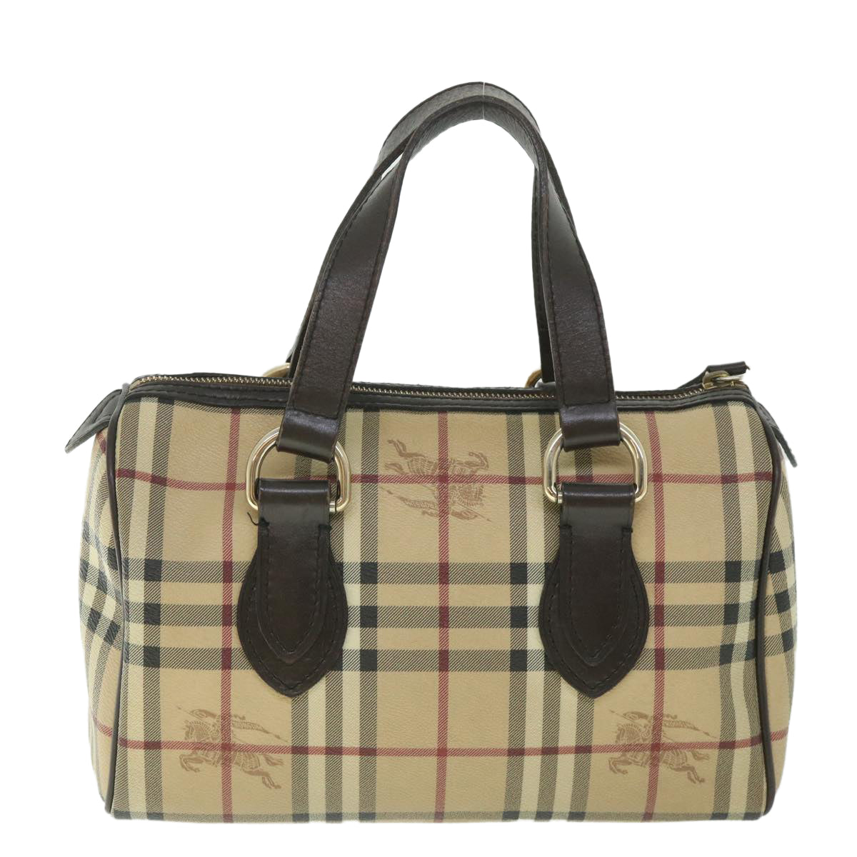 Burberry Nova Check Boston Bag PVC Leather Beige Auth yk9073