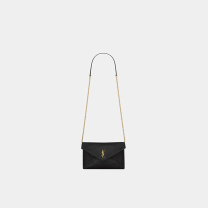 Yves Saint Laurent Cassandre Chain Pouch In Lambskin, Black, Front