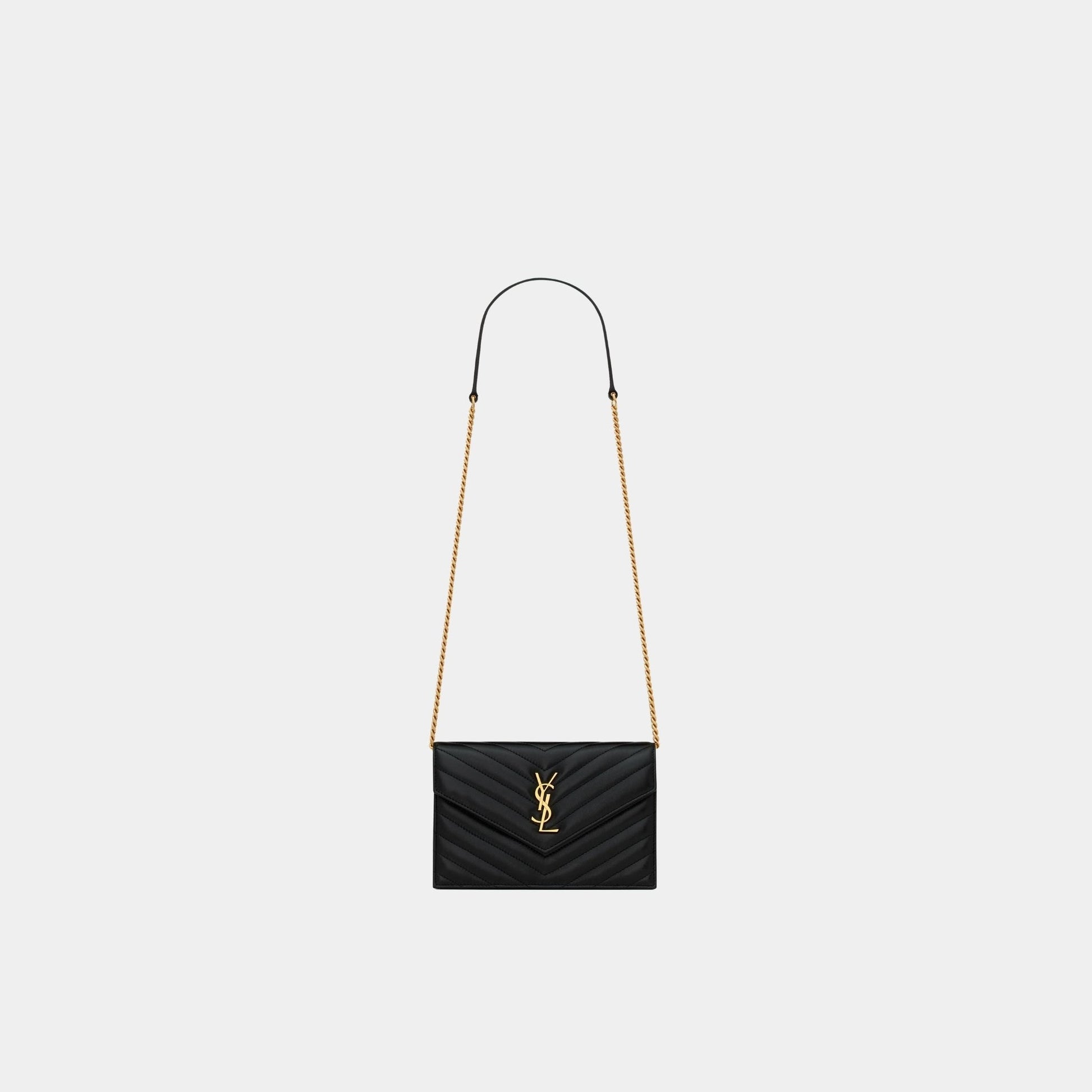 Yves Saint Laurent Cassandre Envelope Chain Wallet In Lambskin, Black, Front