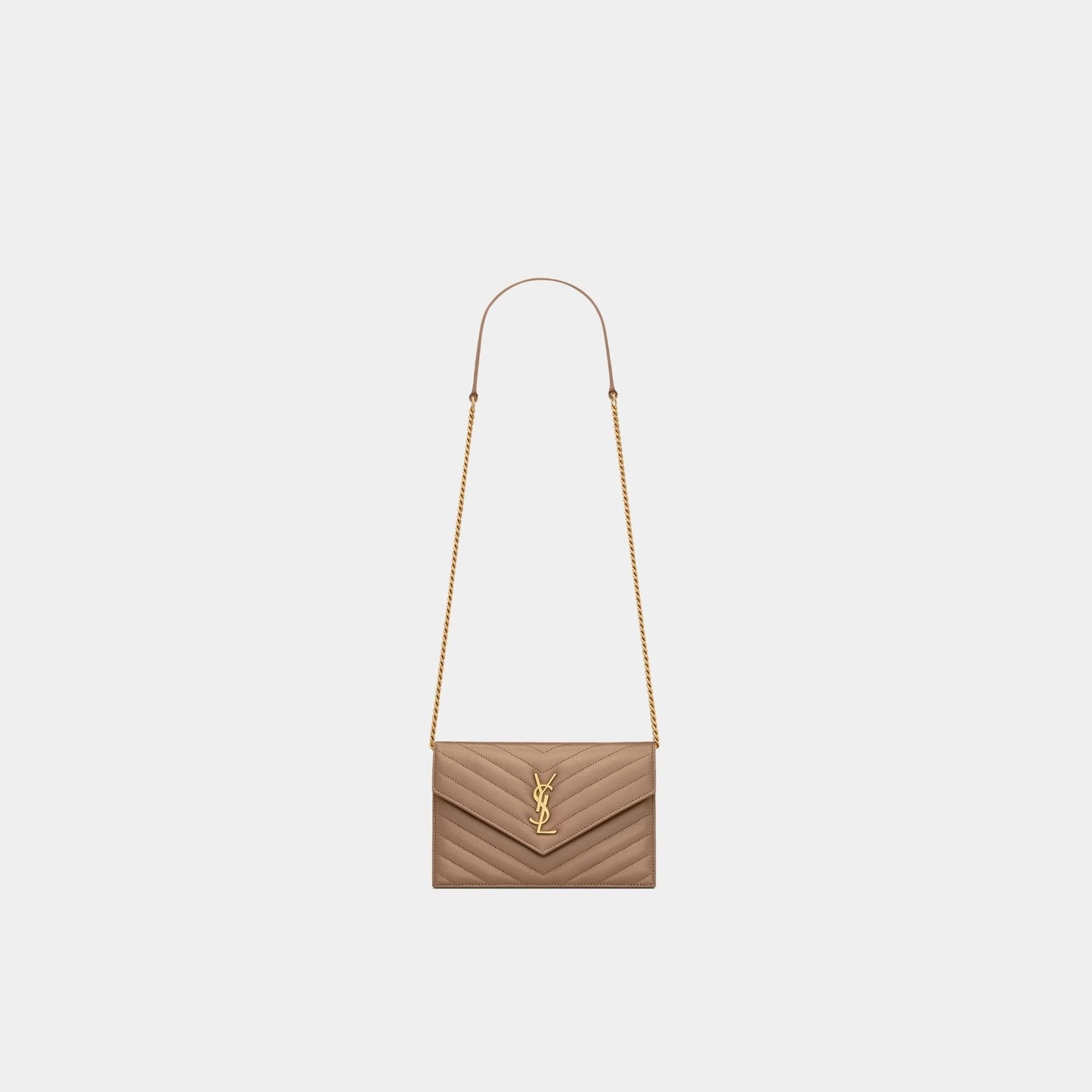Yves Saint Laurent Cassandre Envelope Chain Wallet In Lambskin, Dusty Grey, Front