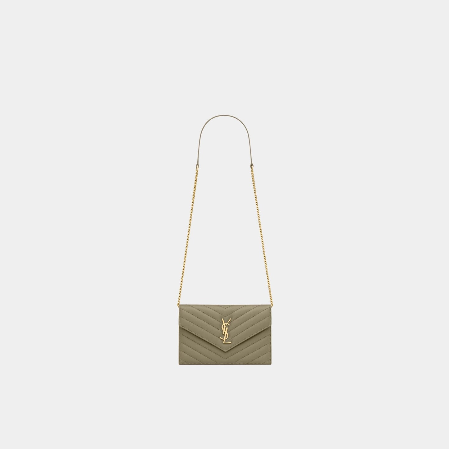 Yves Saint Laurent Cassandre Envelope Chain Wallet In Lambskin, Strong Moss, Front