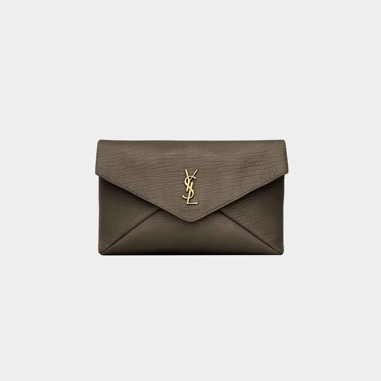 Yves Saint Laurent Cassandre Large Envelope Pouch In Lambskin, Light Musk, Front