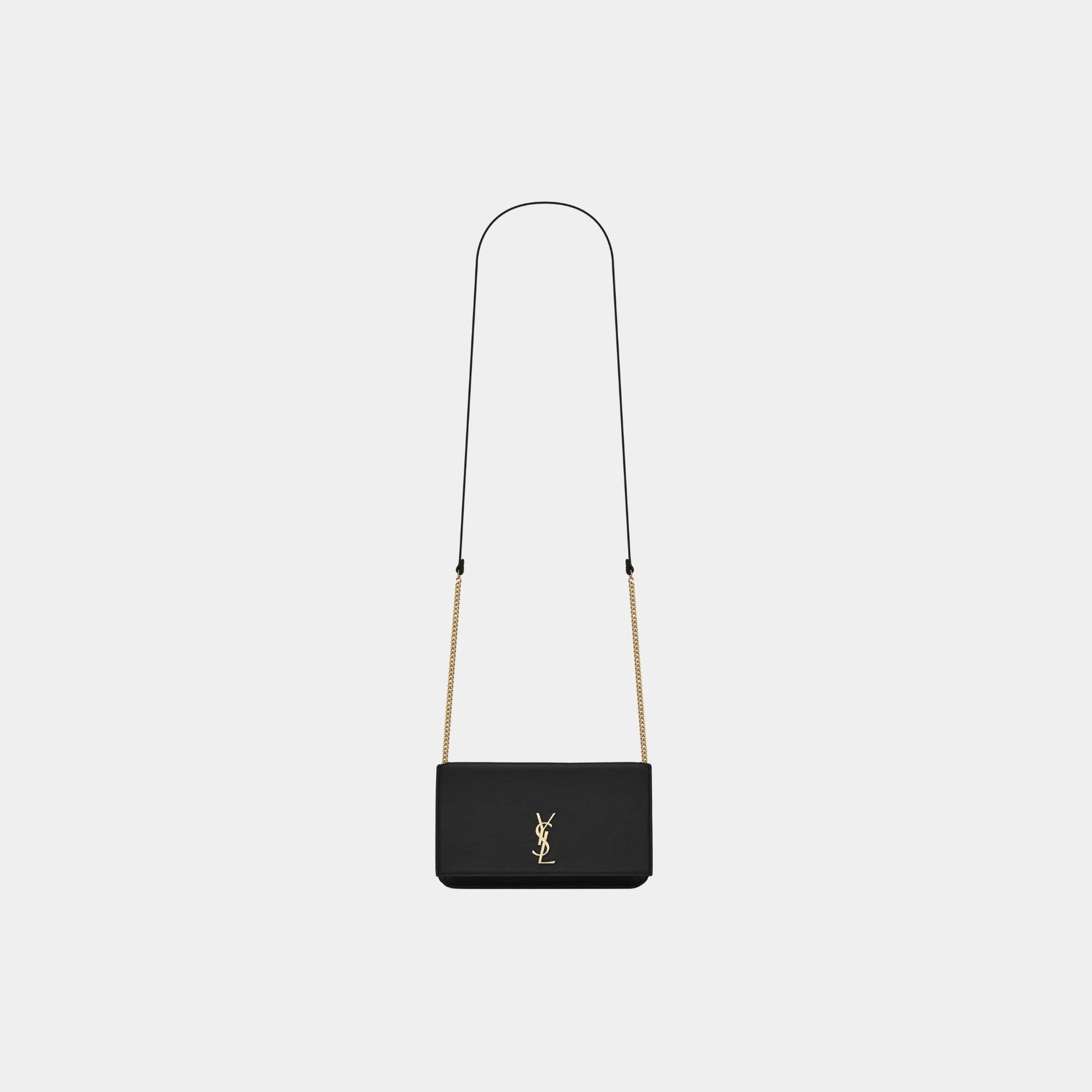 Yves Saint Laurent Cassandre Phone Holder Smooth Leather With Strap, Black, Front