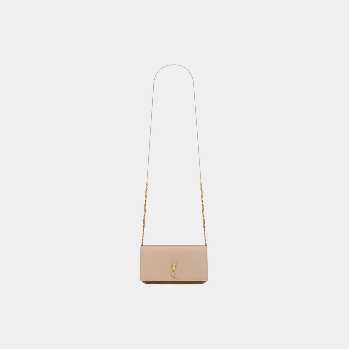 Yves Saint Laurent Cassandre Phone Holder Smooth Leather With Strap, Dark Beige, Front