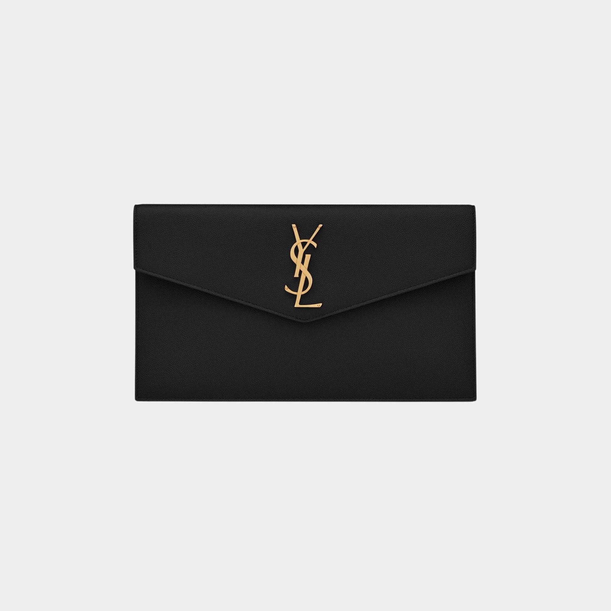 Yves Saint Laurent Uptown Pouch In Grain De Poudre Leather, Black, Front