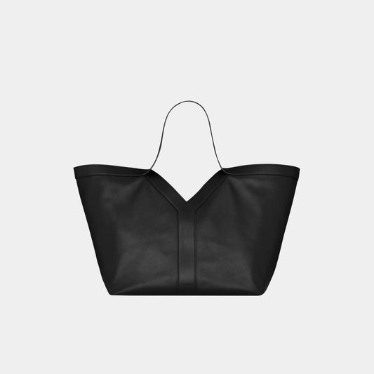 Yves Saint Laurent Y Tote Grained Leather With Tonal Suede Lining, Black, Front